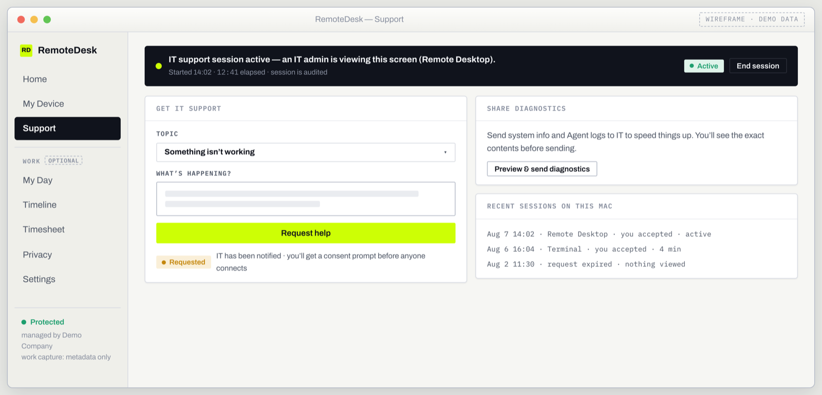 Wireframe of the support screen where the employee approves a read-only diagnostic collection
