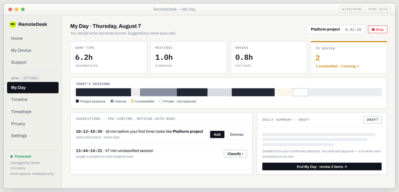 Wireframe of My Day: work time tiles, session timeline, suggestions and a draft daily summary